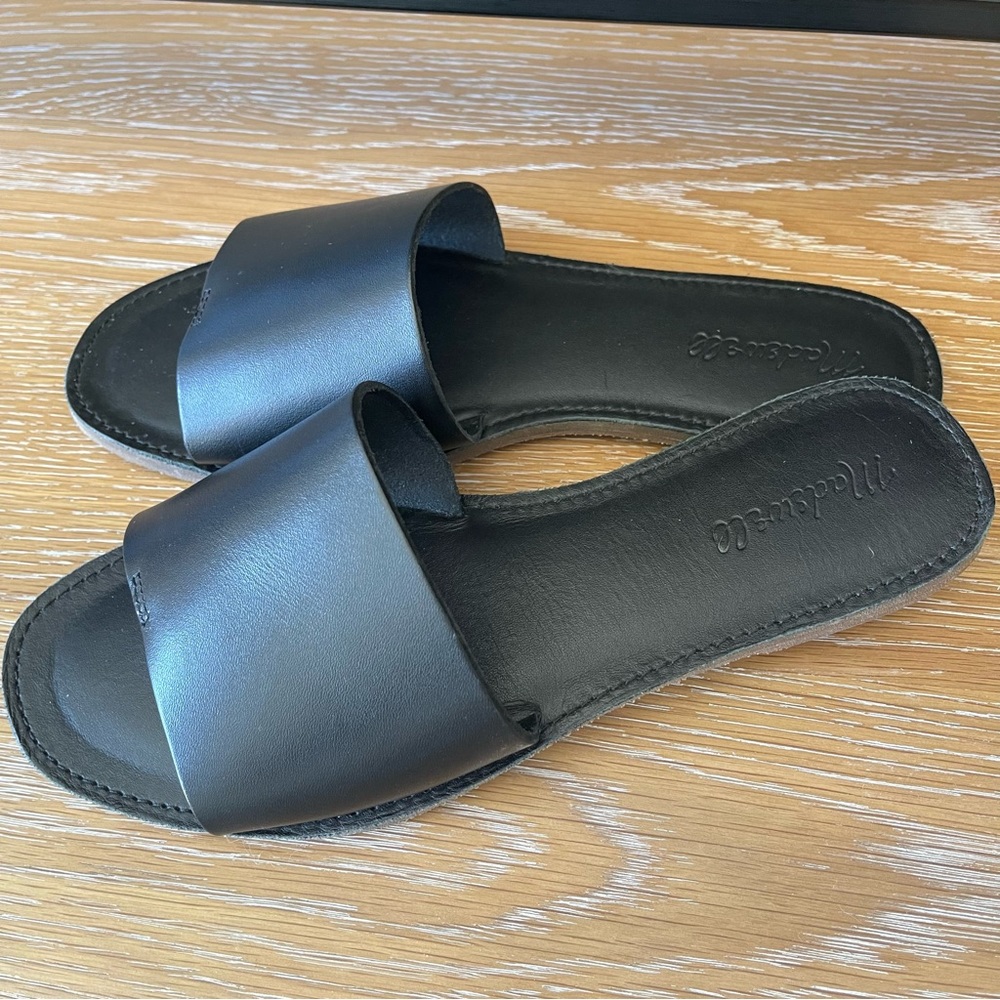 Black Leather Slide Sandals